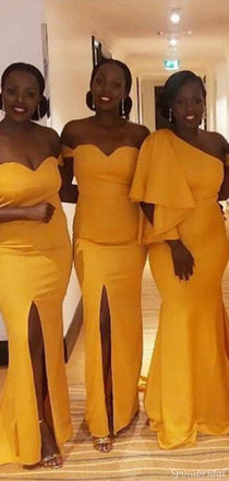 Yellow Cheap Mismatched Side-slit Mermaid Long Bridesmaid Dresses, WG928