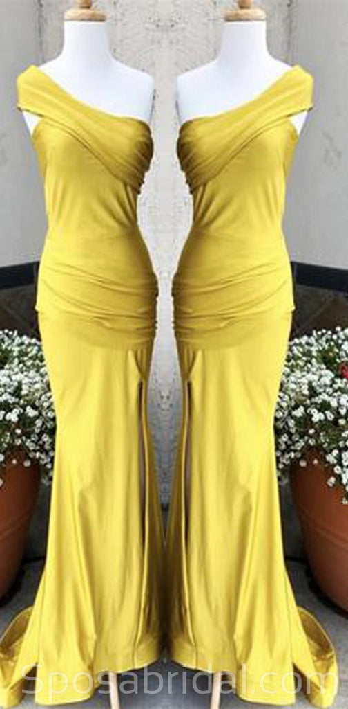 Yellow Elegant Formal One Shoulder High Slit Sexy Mermaid Bridesmaid Dresses, WG543