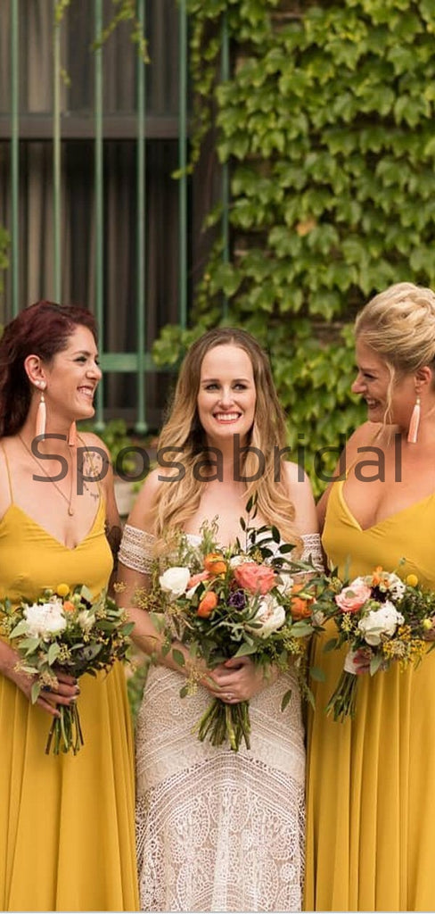 Yellow Spaghetti Straps Simple A-line  Bridesmaid Dresses WG678