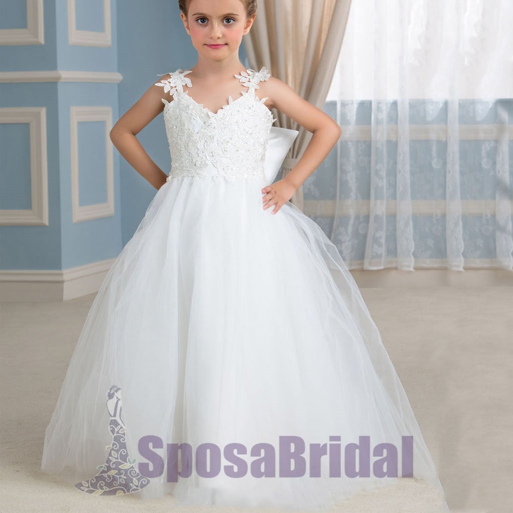 Cheap Comfortable Tulle Straps Lace Appliques Flower Girl Dresses with bow , Junior Bridesmaid Dresses, FG105 - SposaBridal