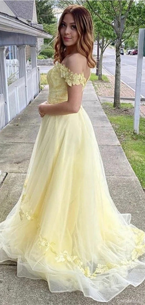 Baby Yellow Lace Top Sweetheart A-line Organza A-line Elegant Long Prom Dress, PD3260