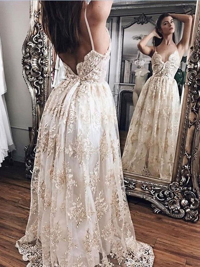 Sexy Backless Spahgetti Straps A-line Lace Wedding Dresses Online, WD354
