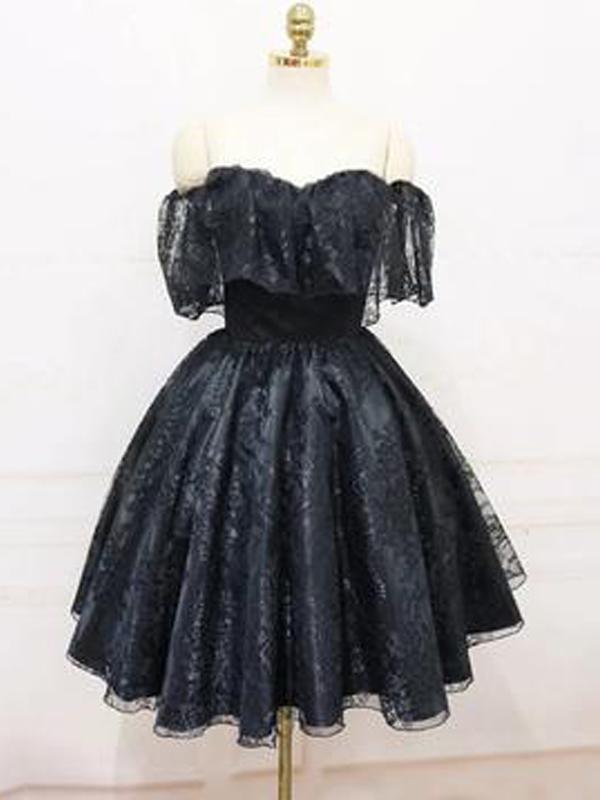 A-line Off Shoulder Cheap Black Lace Homecoming Dresses 2018, CM437 - SposaBridal
