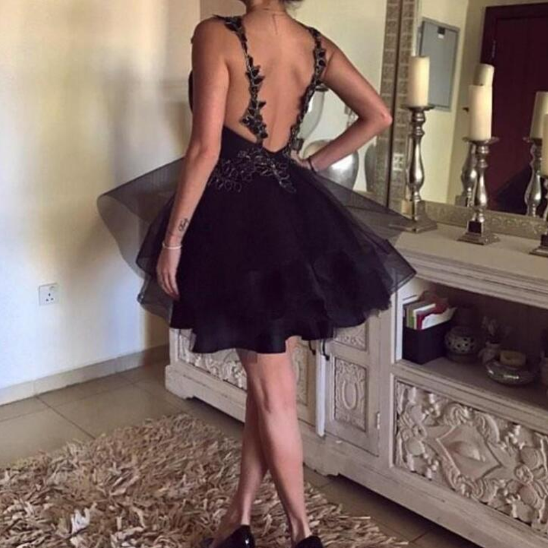 Black Applique Spaghetti Strap V-neck Short Prom Party Dress, Homecoming Dress, PD3096