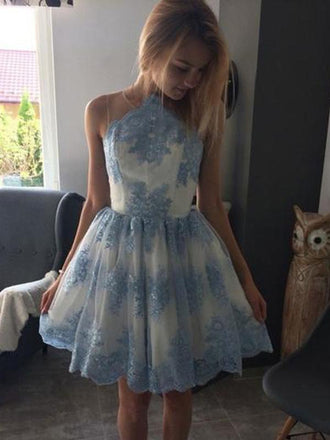 Blue Lace Scoop Neck See Through Cheap Homecoming Dresses 2018, CM414 - SposaBridal