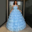 Blue Strapless Beading A-line Ruffle Cup Cake Prom Dress, PD3380