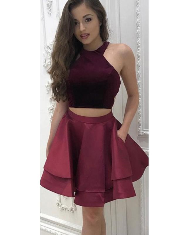 Sexy Two Pieces Simple Cheap Halter Dark Red Short Homecoming Dresses Online, CM538