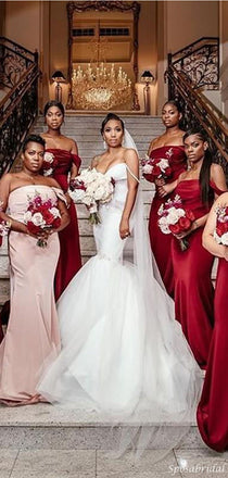 Burgundy Red Sexy Two-style Strapless Mermaid Long Bridesmaid Dress, BD3086