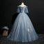 Elegant Blue Victorian Style Lace A-line Pleats Long Tulle Prom Dress, PD00076