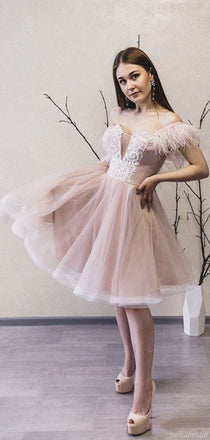 Charming Blush Pink Off-shoulder V-neck A-line Short Homeoming Dress, HD3082