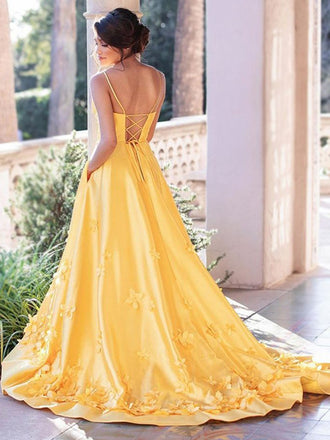 Chic Bright Yellow V-neck Spaghetti Floral Backless A-line Long Prom Dress, PD3139