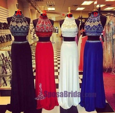 Beading Two Pieces Halter High Neck Gorgeous Prom Dresses, Sparkly Shining Prom Dresses, PD0624 - SposaBridal