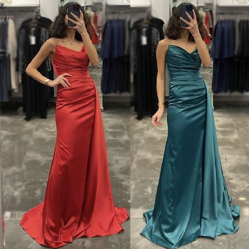 Red And Teal Green Strapless Pleats V-neck Strapless Mermaid Long Bridesmaid Dress, BD3245