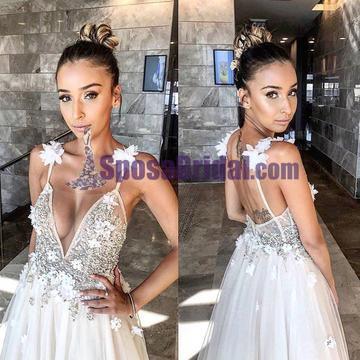 Deep V Neck Spaghetti Straps Sexy Prom Dresses, Most Popular Charming Prom dress, PD0695