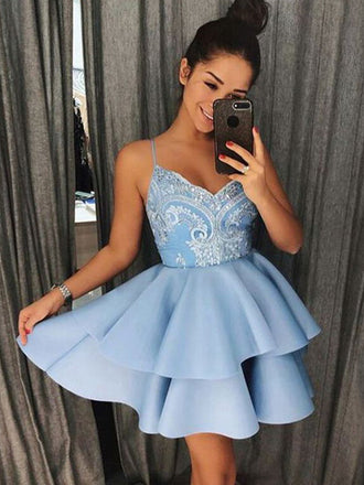 Cute Baby Blue Spaghetti Strap V-neck A-line Short Homecoming Dress, HD3038