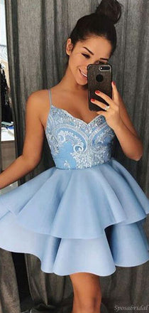 Cute Baby Blue Spaghetti Strap V-neck A-line Short Homecoming Dress, HD3038