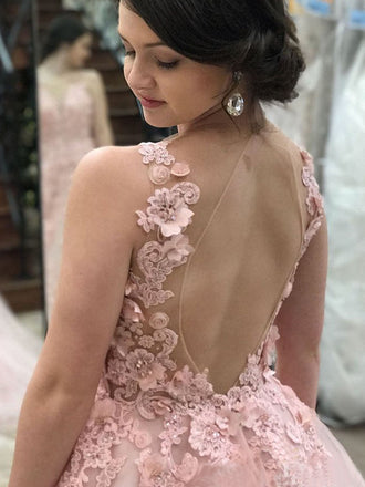Cute Floral Pink V-neck Lace Top Open-back A-line Long Prom Dress, PD3282