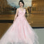 Cute Floral Pink V-neck Lace Top Open-back A-line Long Prom Dress, PD3282