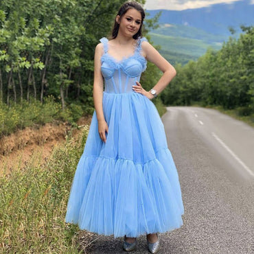Cute Sky Blue Spaghetti Straps Sweetheart Ruffle Top A-line Tea-length Prom Dress, PD3298