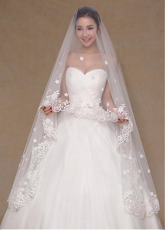 Gorgeous Tulle Long Wedding Veil With Lace & Beadings ,WV0123