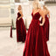 Dark Red Velvet Sexy Spaghetti Straps V-neck Long A-line Prom Dress, PD3276