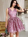 Elegant Sleeveless Mulberry Purple Floral Lace V-neck A-line Tulle Short Homecoming Dress, HD3045