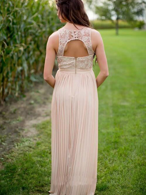 Elegant Blush Pink Strapless Lace Top Flowy Long Bridesmaid Dress, BD3125