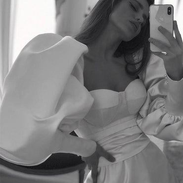 Elegant Bubble Shoulder Beige Sweetheart A-line Long Tail Wedding Dress, WD3079