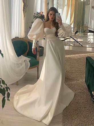 Elegant Bubble Shoulder Beige Sweetheart A-line Long Tail Wedding Dress, WD3079