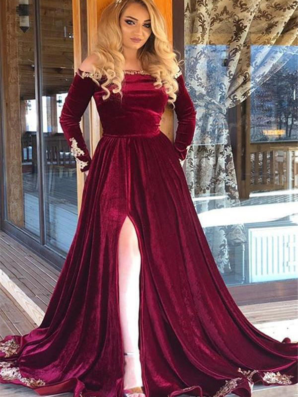 Elegant Burgundy Velvet Off-shoulder Long Sleeves Appliques Side-slit A-line Prom Dress, PD3167