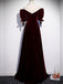 Elegant Burgundy Velvet Off-shoulder Short Sleeves Sweetheart Long A-line Prom Dress, PD3176