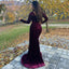 Elegant Maroon Velvet V-neck Long Sleeves Side-slit Mermaid Long Train Prom Dress, PD3217