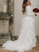 Elegant Full Neck Long Sleeves Open Back Ruffle Long Train Wedding Dress, WD3049