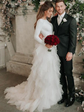 Elegant Full Neck Long Sleeves Open Back Ruffle Long Train Wedding Dress, WD3049