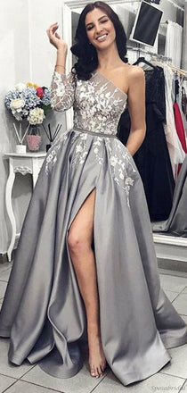 Elegant Grey One-shoulder Floral Top Side-slit A-line Long Prom Dress, PD3251