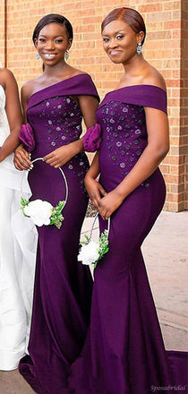 Elegant Mulberry Purple One-shoulder Lace Top Mermaid Long Bridesmaid Dress, BD3196
