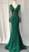 Elegant Navy Blue, Emerald Green V-neck Lace Top Mermaid Long Prom Dress, PD3336