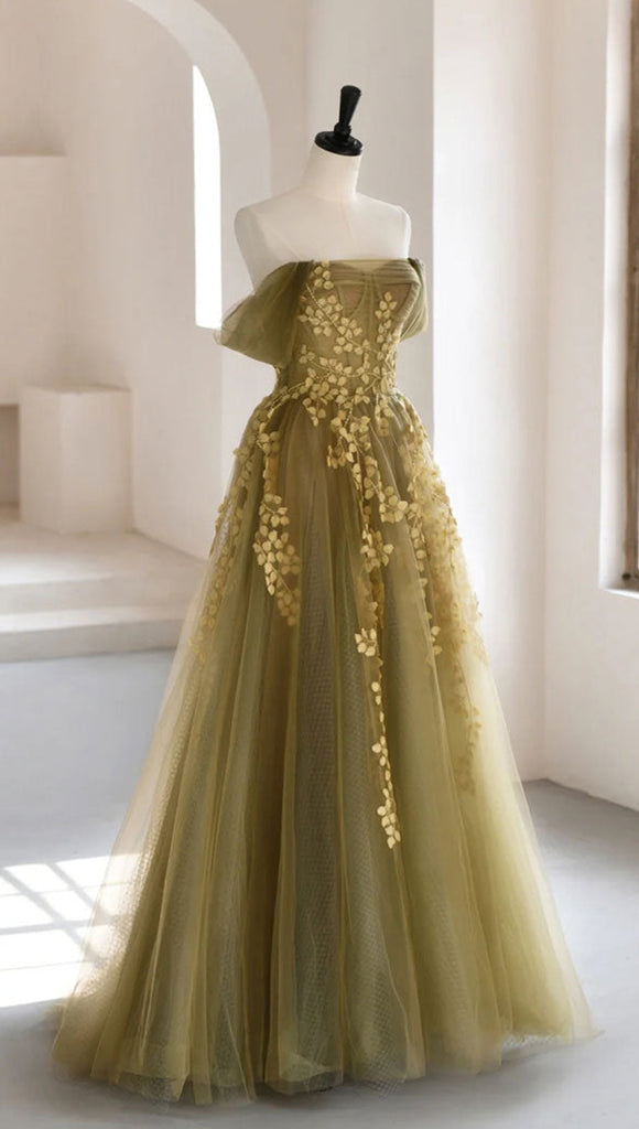 Elegant Off-shoulder Olive Green With Yellow Lace A-line Long Prom Dress, PD3425