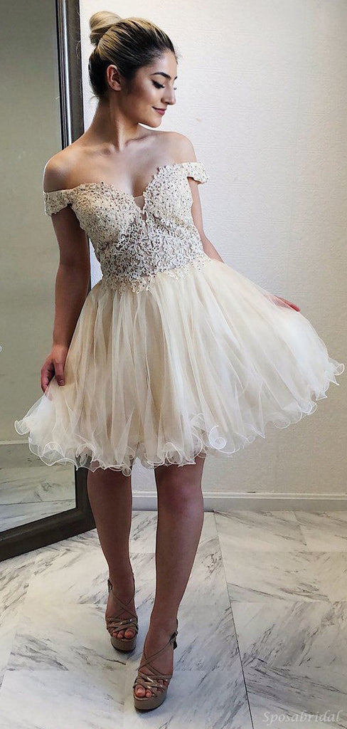 Elegant Off-shoulder Sweet Heart Lace Top A-line Tulle Mini Homecoming Dress, HD3054