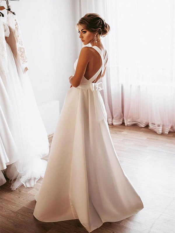 Elegant Open Back Simple Square Neck A-line Satin Wedding Dress, WD3083