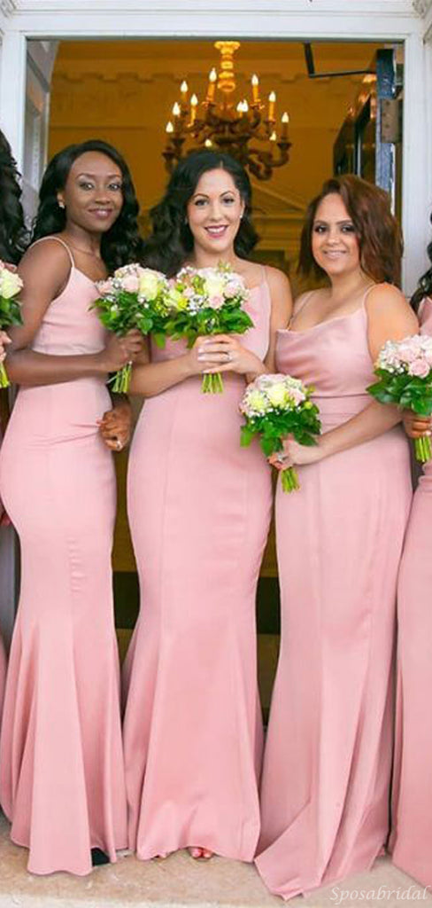 Elegant Spaghetti Strap Blush Pink Mermaid Long Bridesmaid Dresses, BD3095