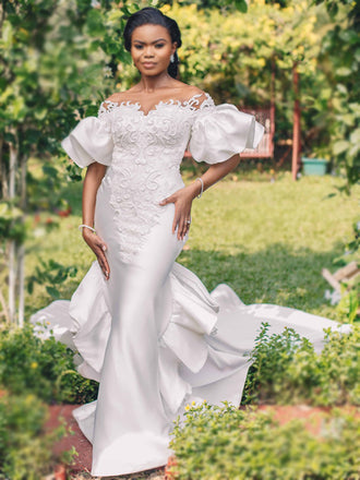 Elegant Sweetheart Lace Top Bubble Short Sleeves Mermaid Long Train Weddig Dress, WD3078