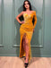 Elegant Tangerine Velvet One-shoulder Feather Mermaid Long Prom Dress, PD3562