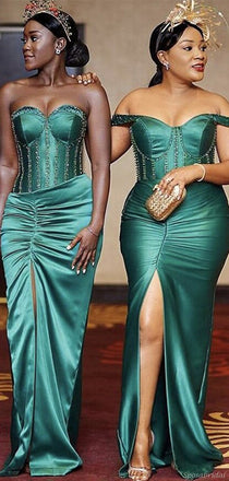 Emarald Green Mismatched Sweetheart Corset Top Mermaid Side-slit Long Bridesmaid Dresses, BD3179