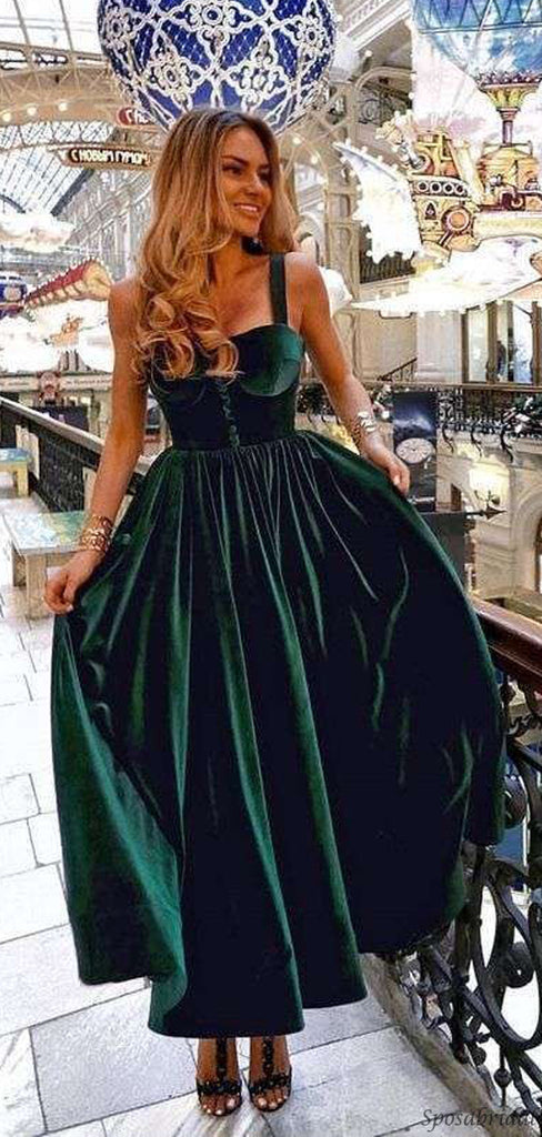 Emerald Green Spaghetti Strap Sweetheart A-line Mid-length Prom Dress, PD3142
