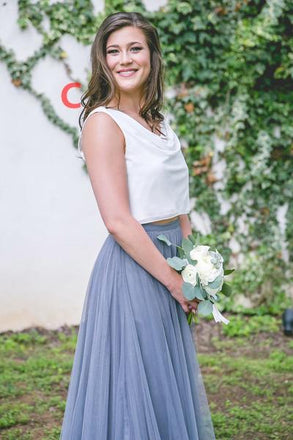 Popular Cheap Junior Off Shoulder Scoop Neck White Blush Pink Tulle Long Bridesmaid Dresses, WG40