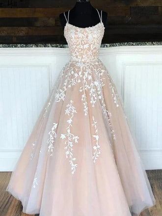 A-line Spaghetti Straps High Quality Lace and Tulle Popular Prom Dresses, PD1611