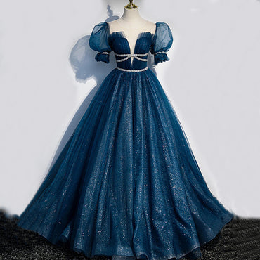 Formal Sparkly Navy And Burgundy Short Sleeves A-line Princess Long Prom Dress, PD3388