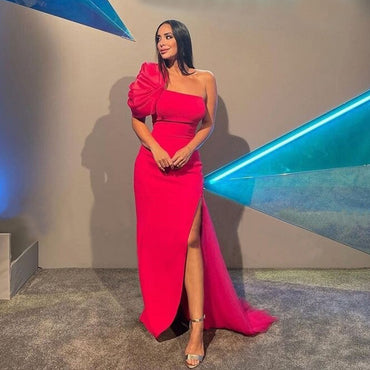 Fuchsia One-shoulder Sexy Ruffle Sleeve Side-slit Mermaid Long Prom Dress, PD3499