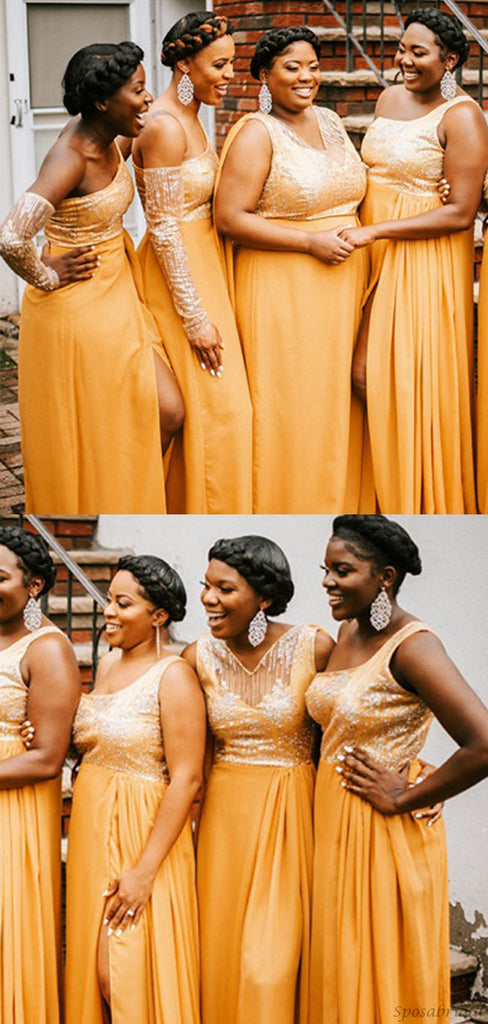 Gold Mismatched Sparkling Top Side-slit A-line Long Bridesmaid Dresses, BD3192